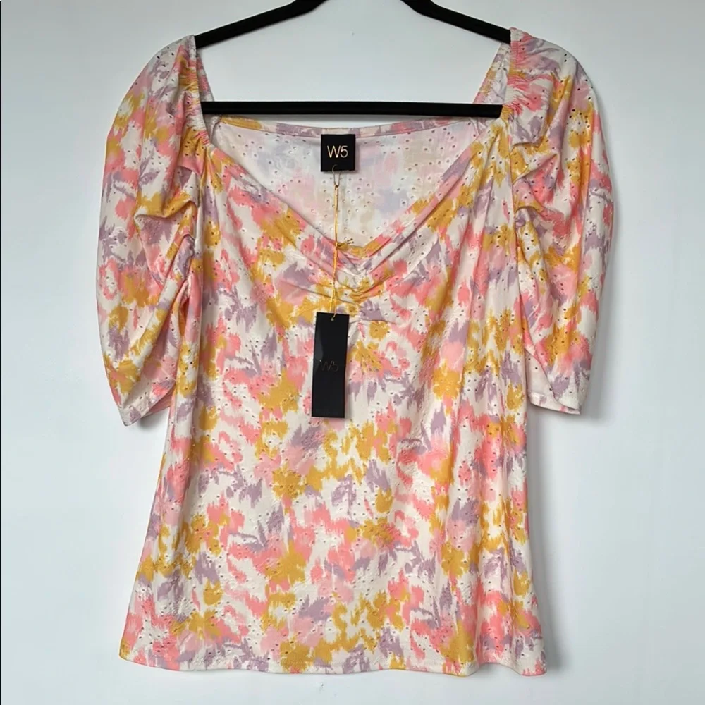W5 by Anthropologie Women's Pink and Yellow Puff Sleeve Blouse Top